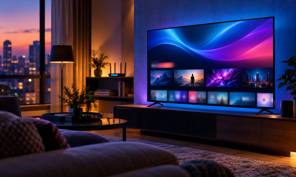 Smart TV conectada ao Wi-Fi em uma sala de estar para assistir filmes e séries