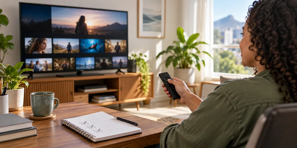 Pessoa avaliando um aplicativo de entretenimento na Smart TV com controle remoto e anotações em uma mesa