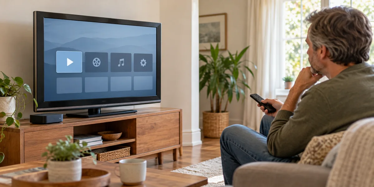 Pessoa avaliando uma televisão mais antiga com interface genérica de aplicativos em uma sala iluminada